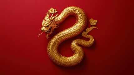 Fototapeta premium Decorative golden dragon snake on rich red backdrop