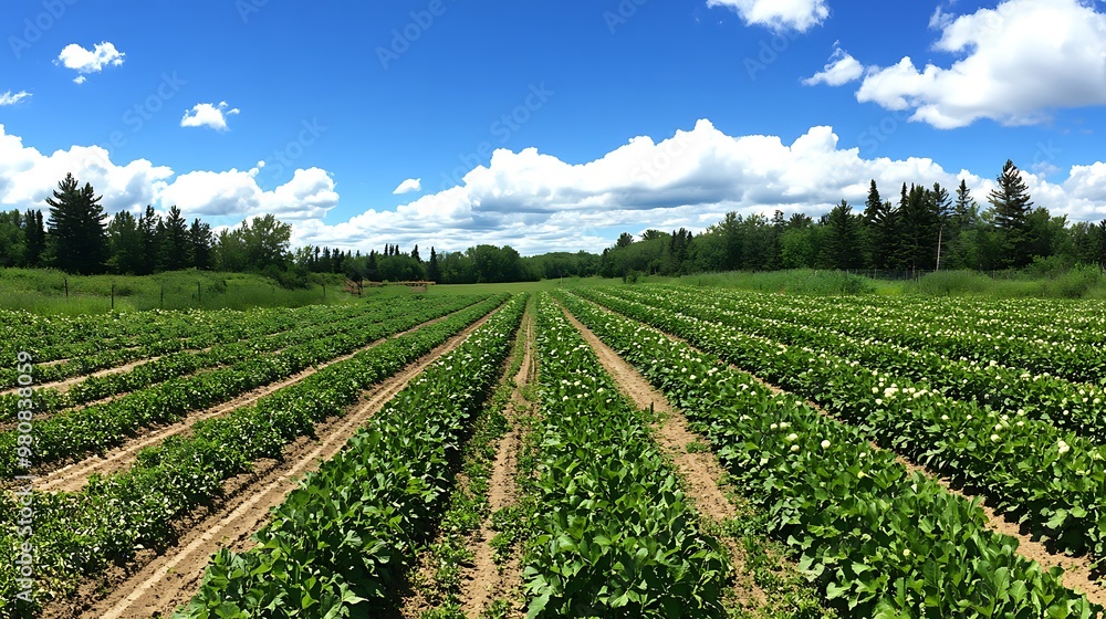 Poster a panoramic view of a potato field extending to the horizon