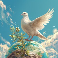 Obraz premium A majestic dove perches on a vibrant globe, symbolizing peace and harmony in a serene sky. Generative AI
