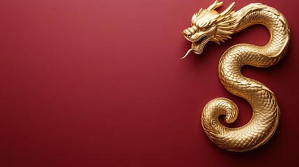 Fototapeta premium Golden dragon sculpture on burgundy background