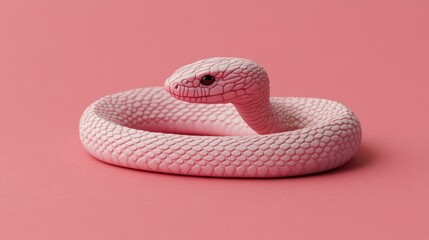 Fototapeta premium Petite pink snake coiled on pastel pink surface, calm and cute