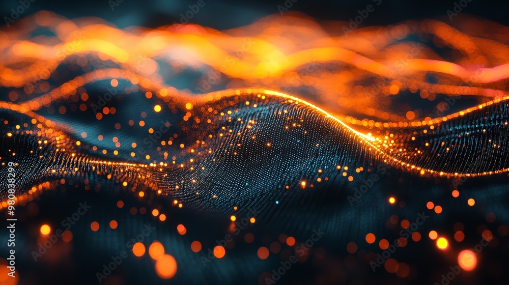 Aufkleber high-tech background with flowing lines and stars, dark indigo and orange, data visualization. gener