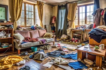 Cluttered and disheveled space with scattered clothes, dirty dishes, and trash littering the floor, surrounded by worn