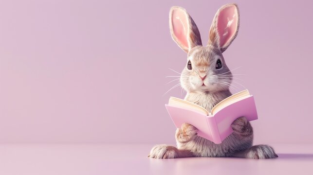 A cute bunny rabbit sitting with a pink book in front of a pink background.