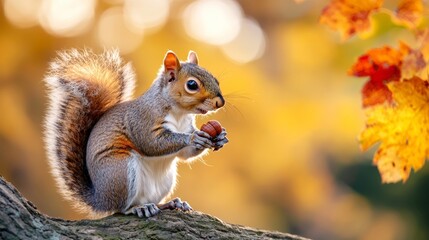 Squirrel collecting acorns on a tree branch in an autumn park, with colorful leaves and a soft background 