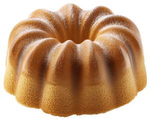 Plain double colour Bundt cake with light sugar dusting on transparent background
