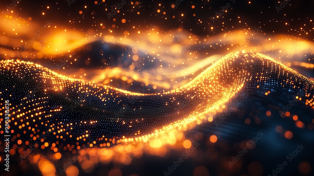 Aufkleber high-tech background with flowing lines and stars, dark indigo and orange, data visualization. gener