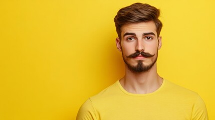 Obraz premium Stylish man with a pencil-thin mustache posing against a bright yellow background with empty space for text 