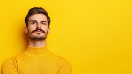 Stylish man with a pencil-thin mustache posing against a bright yellow background with empty space for text 