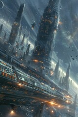 Obraz premium Futuristic Megacity Skyline with Towering Skyscrapers and Flying Spacecraft