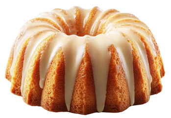 Bundt cake with white icing glaze on transparent background