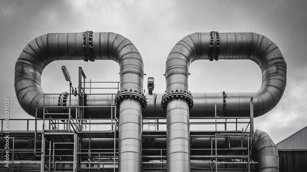 Poster complex network of industrial pipelines conveying fluids in a processing plant, showcasing the intri