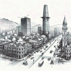 city skyline in the morning, sketch Hoi An city isolated in the white background