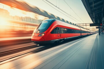 Fototapeta premium Red Train Departing a Modern Station