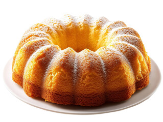 Bundt cake with powdered sugar dusting on transparent background