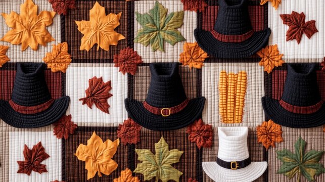 Thanksgiving quilted fabric with patchwork of pilgrim hats, autumn leaves, and corn patterns in muted earth tones 