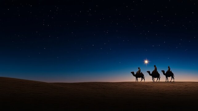 Three Wise Men bringing gifts to baby Jesus, guided by a bright star, camels in the background under a clear night sky 
