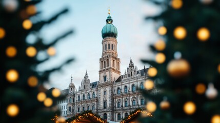 Obraz premium Traditional Christmas market in front of Munich's Marienplatz, with decorated stalls, a large Christmas tree, and historic buildings 