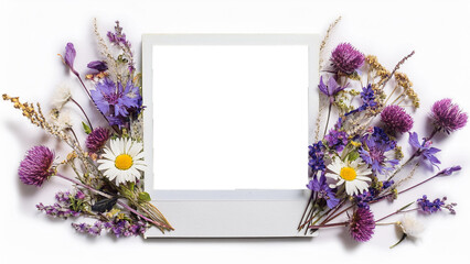 Polaroid photo frame with dried wildflowers isolated on transparent background