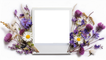 Polaroid photo frame with dried wildflowers isolated on transparent background