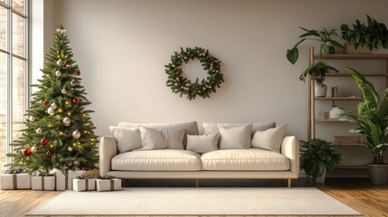 Fototapeta premium A cozy living room adorned with a Christmas tree and festive decorations during the holiday season