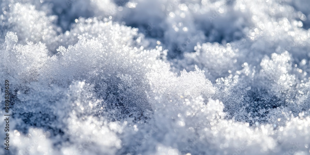 Poster close-up of sparkling snowflakes, showcasing their intricate textures and patterns.