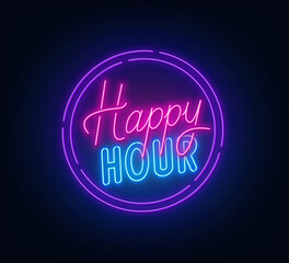 Happy Hour neon sign on dark background.