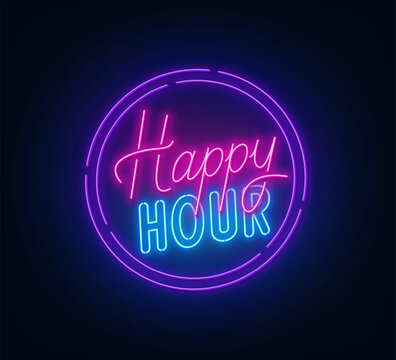 Happy Hour neon sign on dark background.