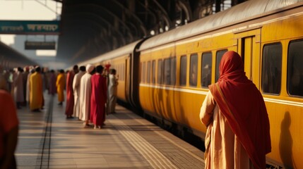 View of a bustling Indian railway station with passengers in traditional attire, trains, and vibrant signage 