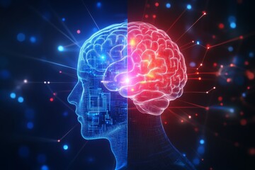 Digital representation of a blue and red brain with illuminated circuits symbolizing the integration of artificial intelligence and human cognition for cognitive enhancement and neural interaction