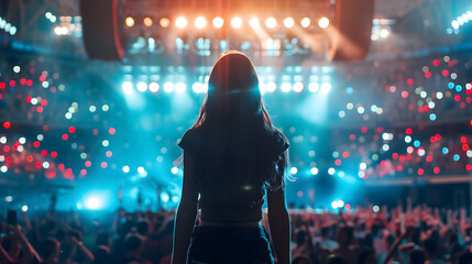 A beautiful female pop star singer giving a music concert performance in a huge crowded stadium arena hall on a stage. Cool vibe with many fans.