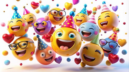 Colorful 3D emoji characters, including smiling faces, hearts, and party hats, hover above a white background, creating