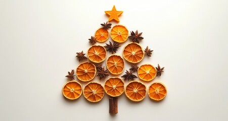 Festive arrangement of dried orange slices and star anise shaped like a Christmas tree