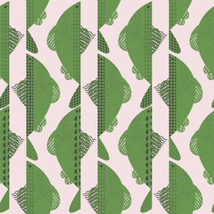 Stylized fish in Scandinavian style. Vector pink print, seamless pattern, background, design