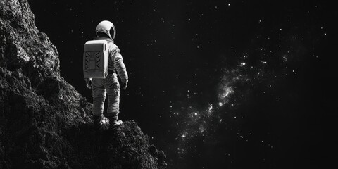 Obraz premium An astronaut stands on a rocky surface gazing at the vast galaxy, showcasing the beauty and mystery of outer space.