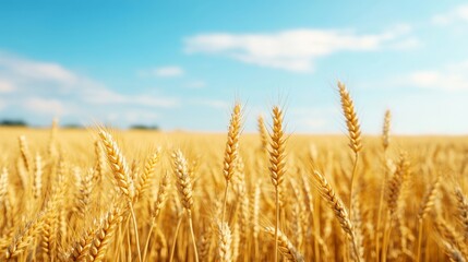 Fototapeta premium Wind blowing through a wheat field, creating waves among the golden stalks, with an expansive sky above 