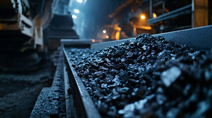 Industrial conveyor belt transports newly mined coal in a dimly lit setting, showcasing the extraction process and its environmental effects
