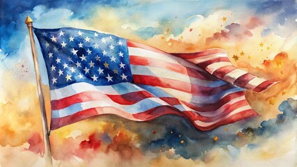 Vibrant watercolor painting of American flag flowing in the wind, with soft brushstrokes and delicate shading, evoking feelings of patriotism and freedom.