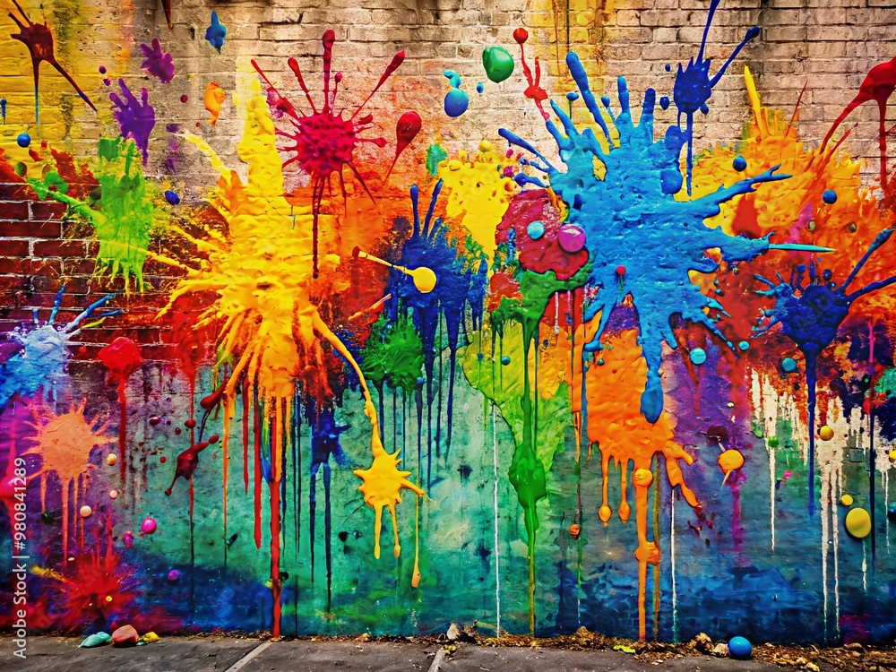 Poster vibrant splashes of colorful paint dance across a gritty urban wall, creating a dynamic abstract bac