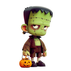 A cute cartoon character inspired by Frankenstein, holding a pumpkin, perfect for Halloween-themed designs, PNG, transparent, No background © UN Digital Art