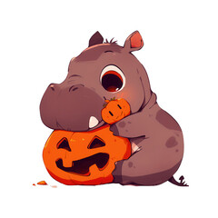 Naklejka premium A cute hippo holding a small pumpkin, surrounded by Halloween spirit and joy, perfect for festive designs and illustrations, PNG, transparent, No background