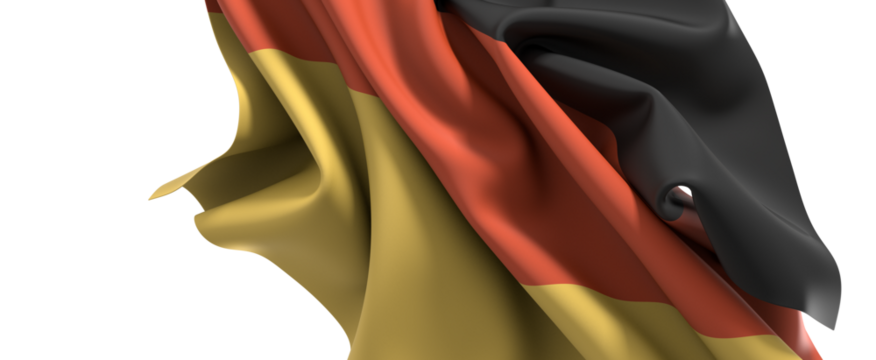 A dramatic close up of the German flag flowing in the wind