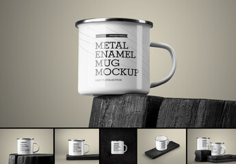 Mockup of an Enamel Mug on a Charred Bar of Wood