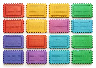 Colorful blank raffle tickets with perforated stubs, laid out in a grid on a white background, awaiting numbers