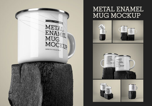 6 Mockups of Enameled Metal Mug on Burnt Wood