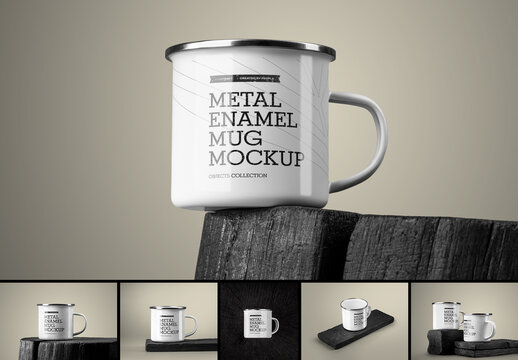 Mockup of an Enamel Mug on a Charred Bar of Wood