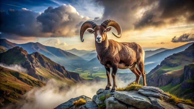 A majestic ram with curved horns stands proudly on a rugged rock formation, surrounded by a vast, serene landscape with rolling hills and misty mountains.
