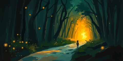 Obraz premium Alone Little boy goes on a trip in magic forest landscape digital art illustration.