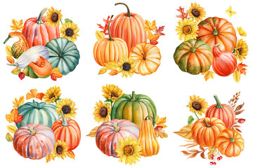 Autumn harmony pumpkins, leaves, sunflower flower, seasonal decor. Fall thanksgiving cozy pumpkins painted watercolor 