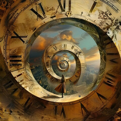 A woman stands in a surreal landscape filled with swirling clocks during twilight hours